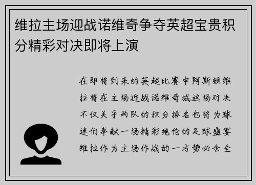 维拉主场迎战诺维奇争夺英超宝贵积分精彩对决即将上演